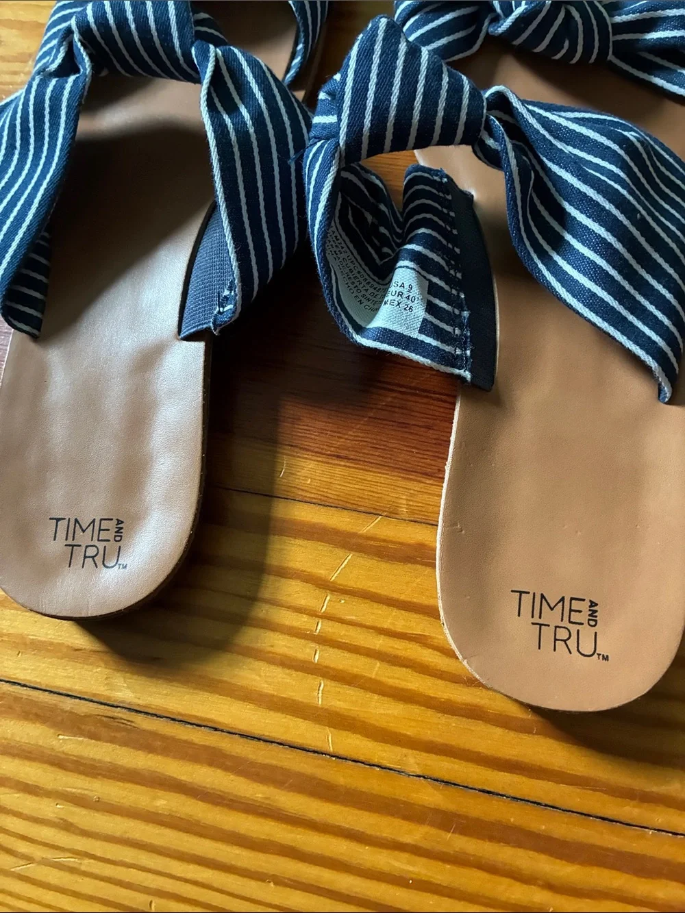 Time and Tru Navy and White Striped Knot Slide Sandals